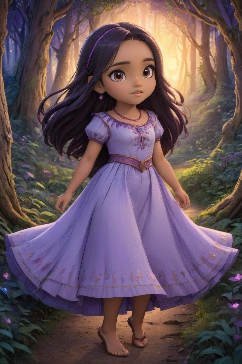 00007-1789616265-chibi style Candid Photo of Asha Wearing a Flowing Purple Dress, Strolling Through enchanted forest at Sunset, Lit by the Warm G.png